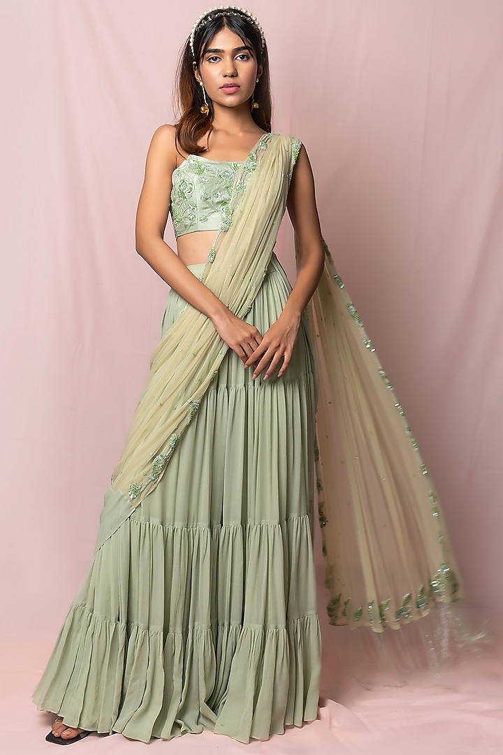 Pistachio Green Tulle & Georgette Hand Embroidered Lehenga Saree Set by PINUP BY ASTHA