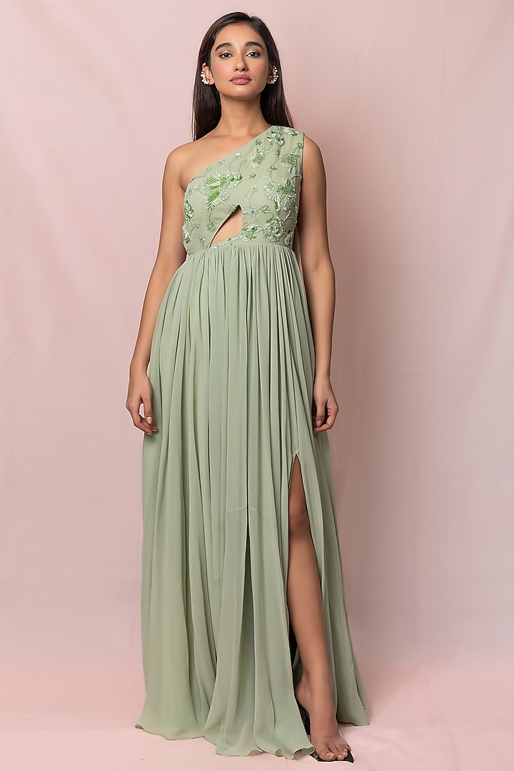 Pistachio Green Hand Embroidered Gown by PINUP BY ASTHA