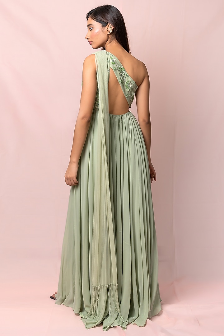 Pistachio Green Hand Embroidered Engagement Gown by PINUP BY ASTHA at Pernia's Pop Up Shop