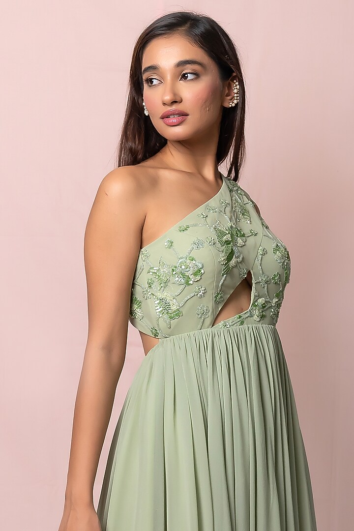 Pistachio Green Hand Embroidered Engagement Gown by PINUP BY ASTHA at Pernia's Pop Up Shop