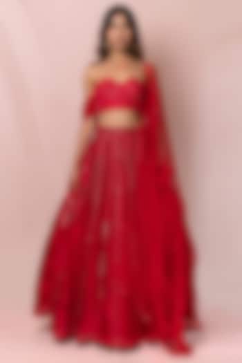 Red Hand Embroidered Lehenga Set by PINUP BY ASTHA