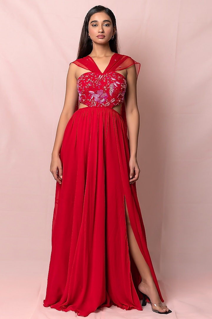 Red Hand Embroidered Gown by PINUP BY ASTHA