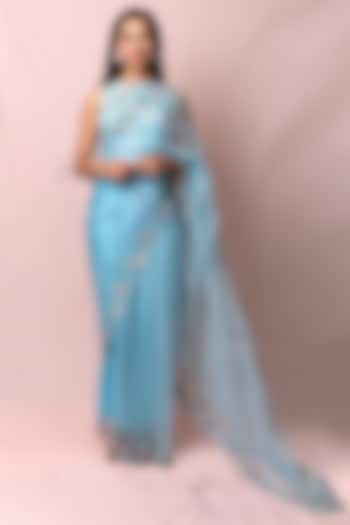 Sky Blue Hand Embroidered Saree Set by PINUP BY ASTHA