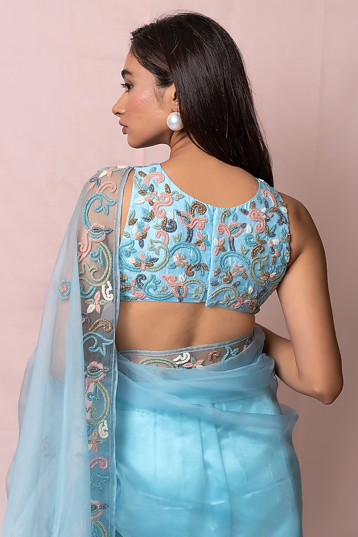 Sky Blue Hand Embroidered Wedding Saree Set by PINUP BY ASTHA at Pernia's Pop Up Shop