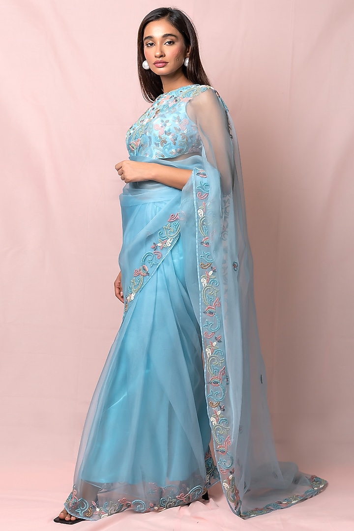 Sky Blue Hand Embroidered Wedding Saree Set by PINUP BY ASTHA at Pernia's Pop Up Shop