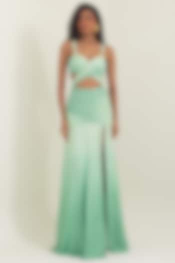 Olive Green Shaded Satin Georgette Engagement Gown by PINUP BY ASTHA at Pernia's Pop Up Shop