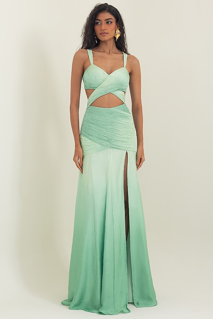 Olive Green Shaded Satin Georgette Engagement Gown by PINUP BY ASTHA at Pernia's Pop Up Shop