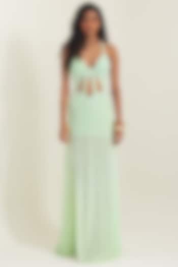 Mint Green Malai Lycra Halter Party Wear Gown by PINUP BY ASTHA at Pernia's Pop Up Shop