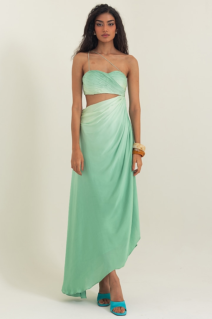 Olive Green Shaded Satin Georgette Asymmetric Party Wear Gown by PINUP BY ASTHA at Pernia's Pop Up Shop