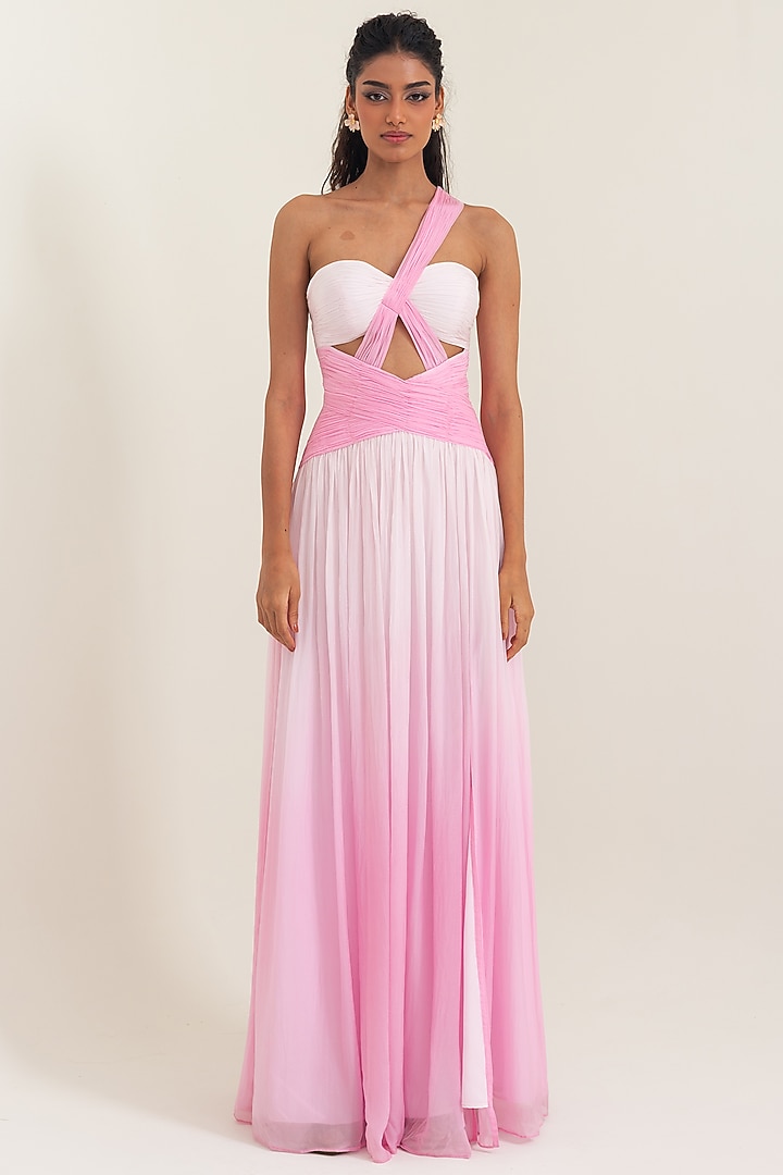 Soft Pink Shaded Flat Chiffon Hand Draped Engagement Gown by PINUP BY ASTHA at Pernia's Pop Up Shop