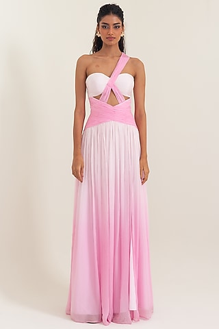 Soft Pink Shaded Flat Chiffon Hand Draped Gown by PINUP BY ASTHA