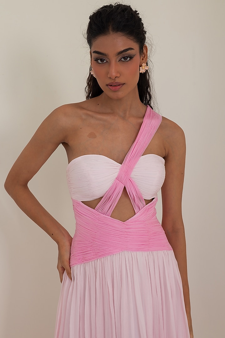 Soft Pink Shaded Flat Chiffon Hand Draped Engagement Gown by PINUP BY ASTHA at Pernia's Pop Up Shop