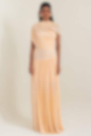 Peach Fuzz Malai Lycra Pleated Party Wear Gown by PINUP BY ASTHA at Pernia's Pop Up Shop