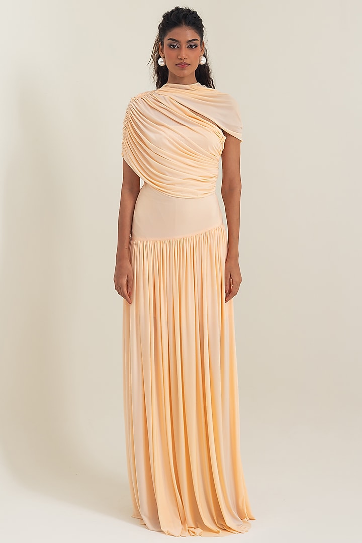 Peach Fuzz Malai Lycra Pleated Party Wear Gown by PINUP BY ASTHA at Pernia's Pop Up Shop