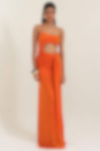 Orange Malai Lycra Knotted Draped Party Wear Gown by PINUP BY ASTHA at Pernia's Pop Up Shop