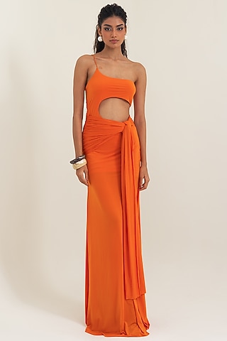 Orange Malai Lycra Knotted Draped Gown by PINUP BY ASTHA
