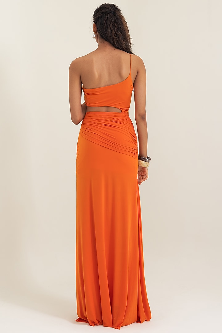 Orange Malai Lycra Knotted Draped Party Wear Gown by PINUP BY ASTHA at Pernia's Pop Up Shop
