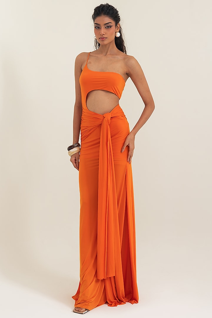 Orange Malai Lycra Knotted Draped Party Wear Gown by PINUP BY ASTHA at Pernia's Pop Up Shop