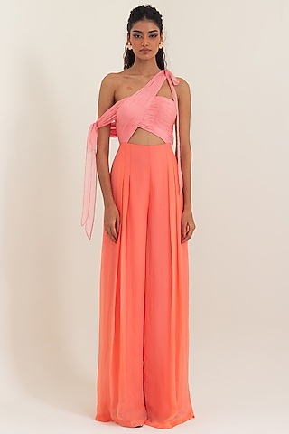 Coral Flat Chiffon One Shoulder Jumpsuit by PINUP BY ASTHA