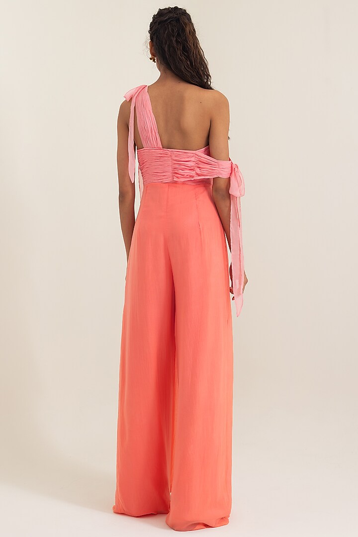 Coral Flat Chiffon One Shoulder Jumpsuit by PINUP BY ASTHA at Pernia's Pop Up Shop