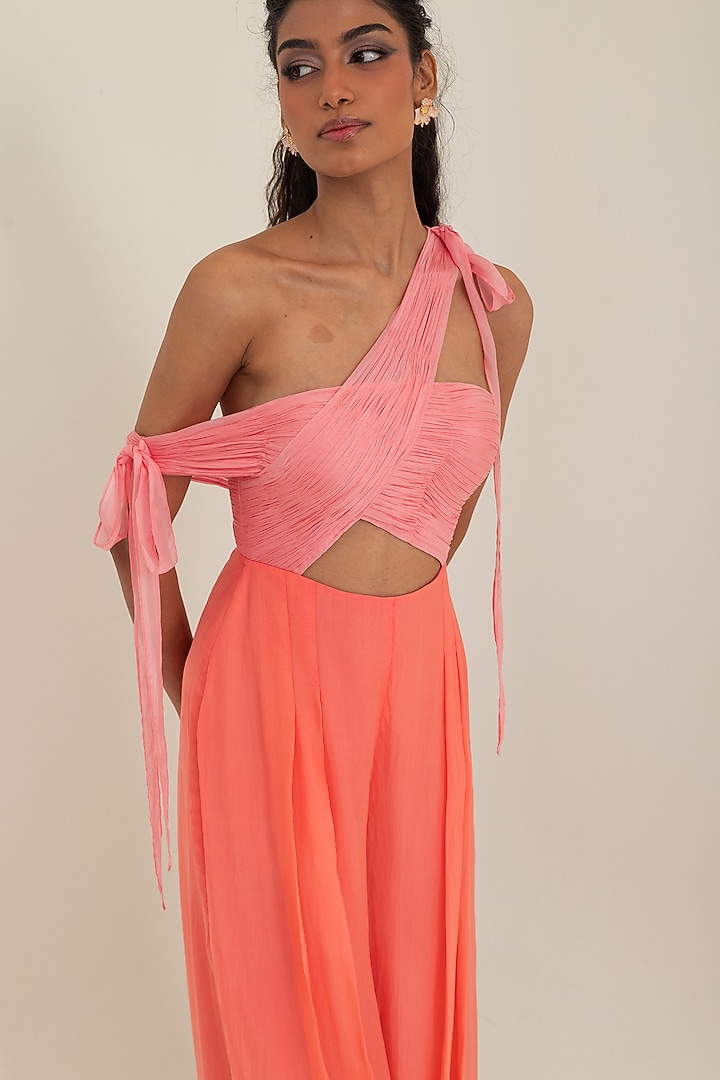 Coral Flat Chiffon One Shoulder Jumpsuit by PINUP BY ASTHA at Pernia's Pop Up Shop