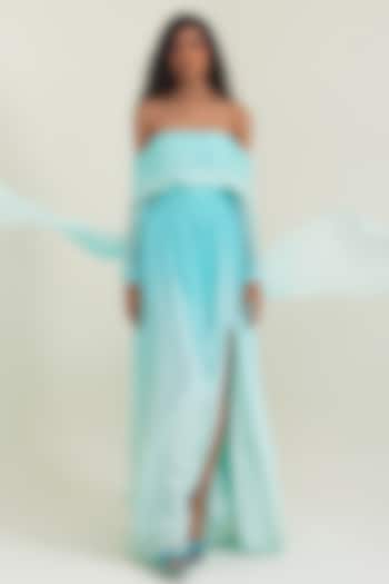 Aqua Blue Flat Chiffon Off-Shoulder A-Line Engagement Gown by PINUP BY ASTHA at Pernia's Pop Up Shop