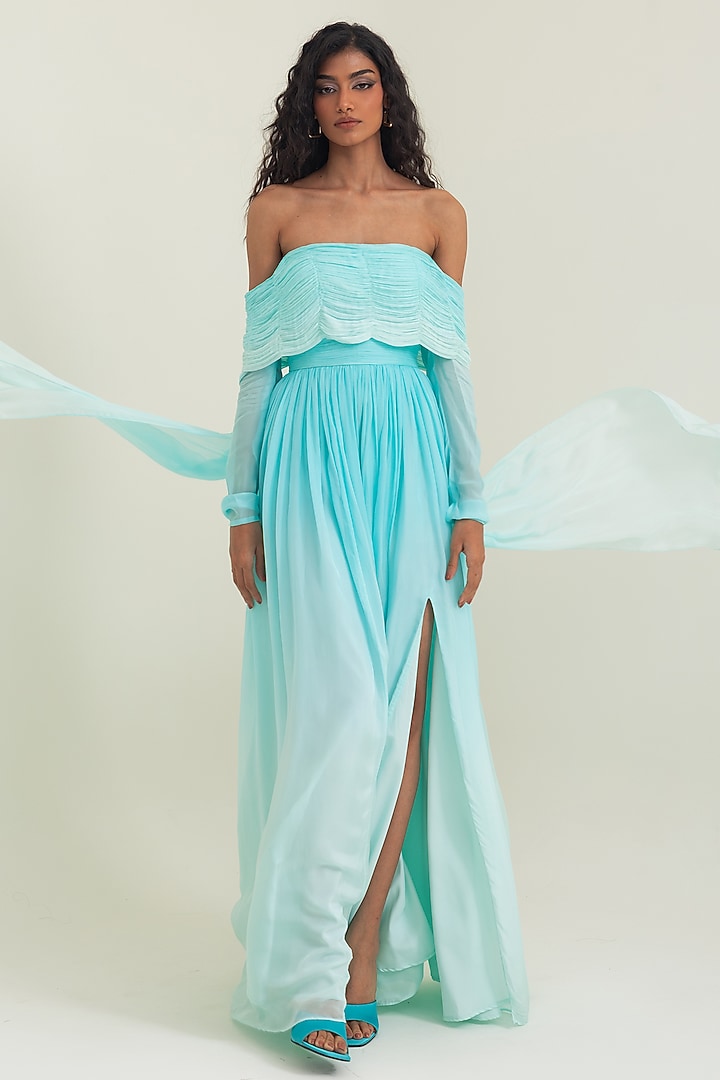 Aqua Blue Flat Chiffon Off-Shoulder A-Line Engagement Gown by PINUP BY ASTHA at Pernia's Pop Up Shop