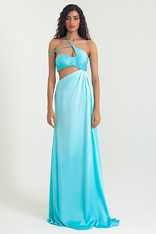 Aqua Blue Satin Georgette Gown by PINUP BY ASTHA