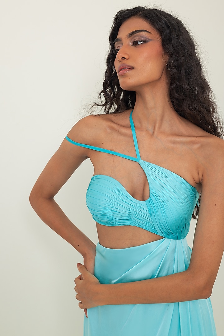 Aqua Blue Satin Georgette Party Wear Gown by PINUP BY ASTHA at Pernia's Pop Up Shop