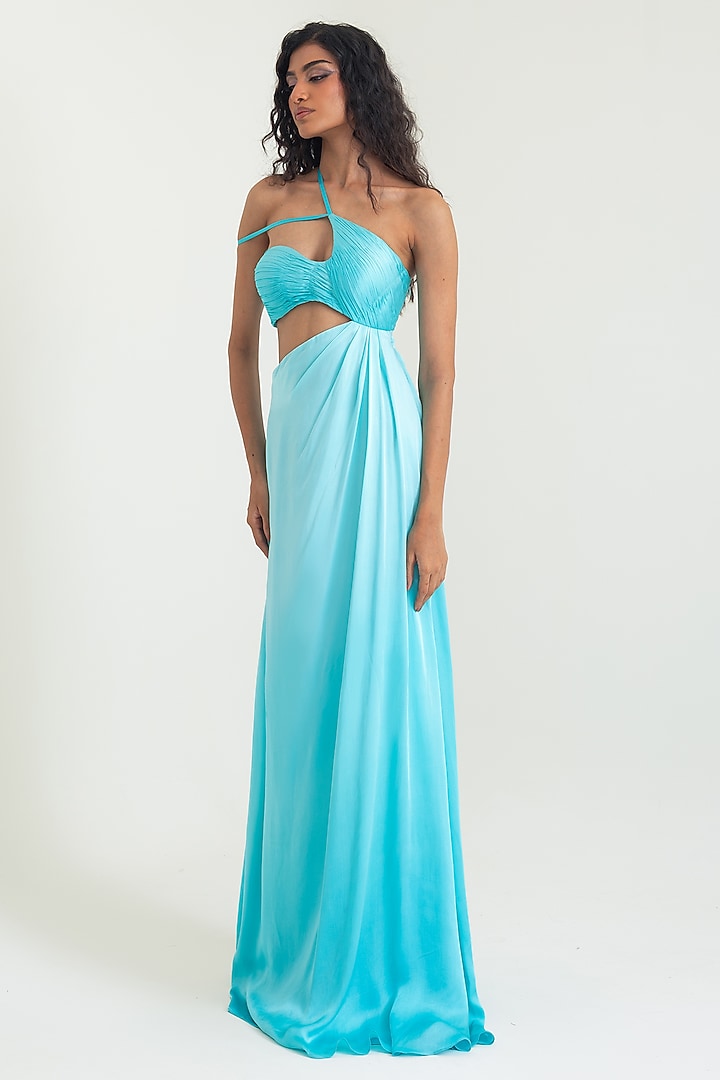 Aqua Blue Satin Georgette Party Wear Gown by PINUP BY ASTHA at Pernia's Pop Up Shop