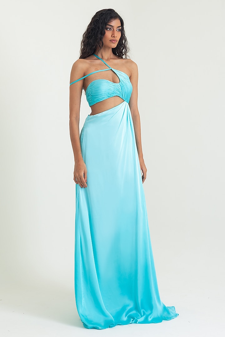 Aqua Blue Satin Georgette Party Wear Gown by PINUP BY ASTHA at Pernia's Pop Up Shop