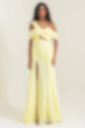 Butter Yellow Flat Chiffon Off-Shoulder A-Line Engagement Gown by PINUP BY ASTHA at Pernia's Pop Up Shop