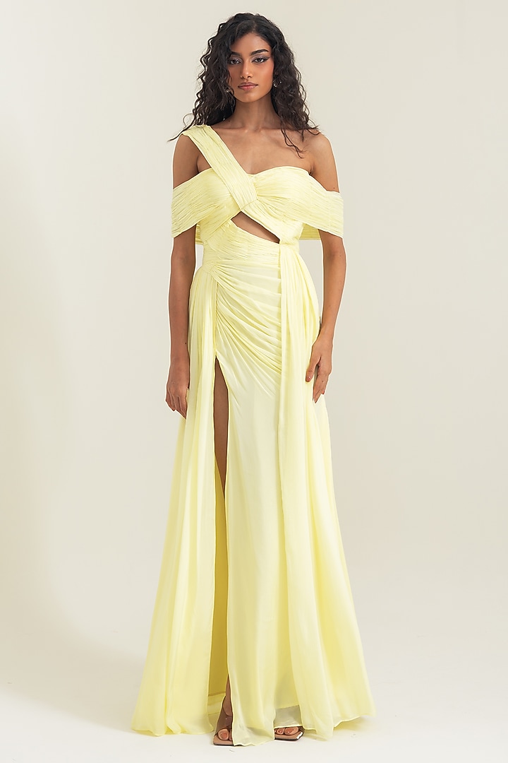 Butter Yellow Flat Chiffon Off-Shoulder A-Line Engagement Gown by PINUP BY ASTHA at Pernia's Pop Up Shop