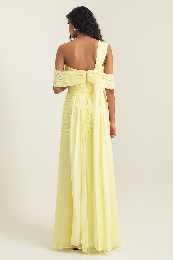 Butter Yellow Flat Chiffon Off-Shoulder A-Line Engagement Gown by PINUP BY ASTHA at Pernia's Pop Up Shop