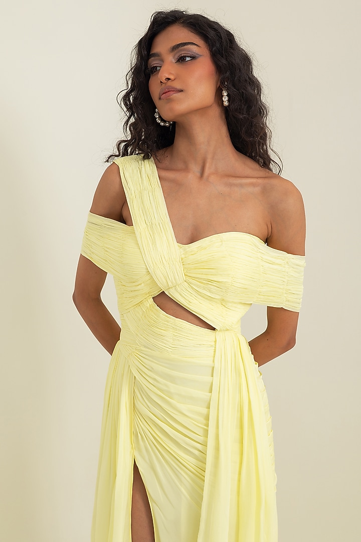 Butter Yellow Flat Chiffon Off-Shoulder A-Line Engagement Gown by PINUP BY ASTHA at Pernia's Pop Up Shop