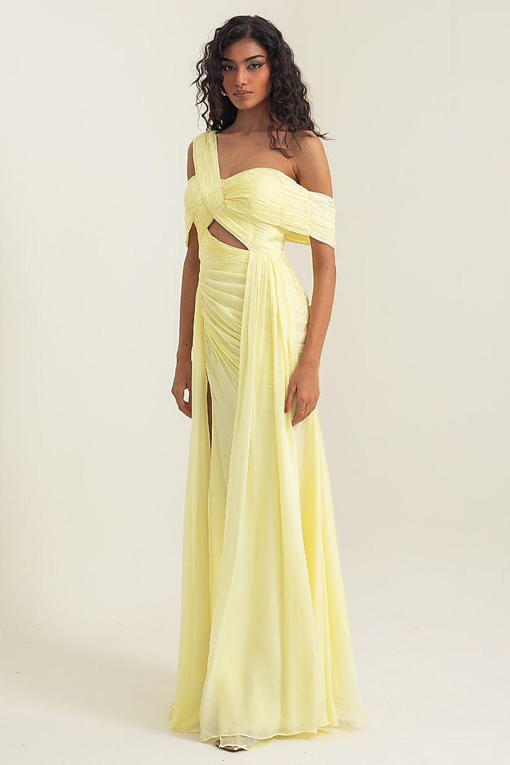 Butter Yellow Flat Chiffon Off-Shoulder A-Line Engagement Gown by PINUP BY ASTHA at Pernia's Pop Up Shop