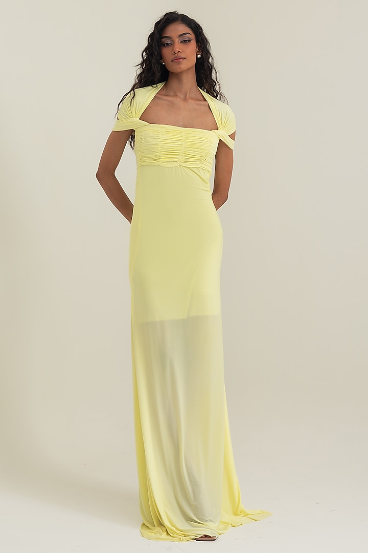 Butter Yellow Stretch Lycra Party Wear Gown by PINUP BY ASTHA at Pernia's Pop Up Shop