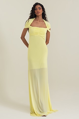Butter Yellow Stretch Lycra Gown by PINUP BY ASTHA