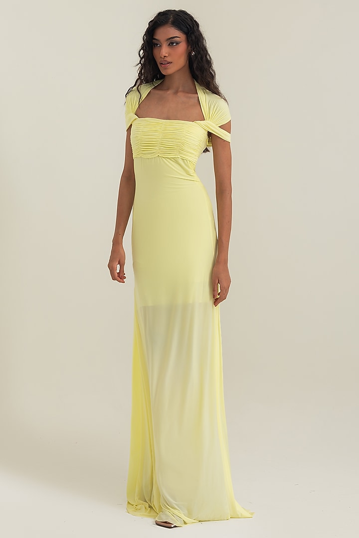 Butter Yellow Stretch Lycra Party Wear Gown by PINUP BY ASTHA at Pernia's Pop Up Shop