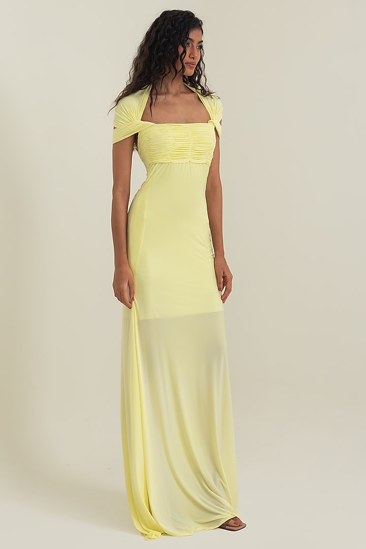 Butter Yellow Stretch Lycra Party Wear Gown by PINUP BY ASTHA at Pernia's Pop Up Shop