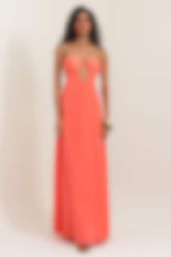 Sunset Coral Satin Georgette Hand-Draped Party Wear Gown by PINUP BY ASTHA at Pernia's Pop Up Shop
