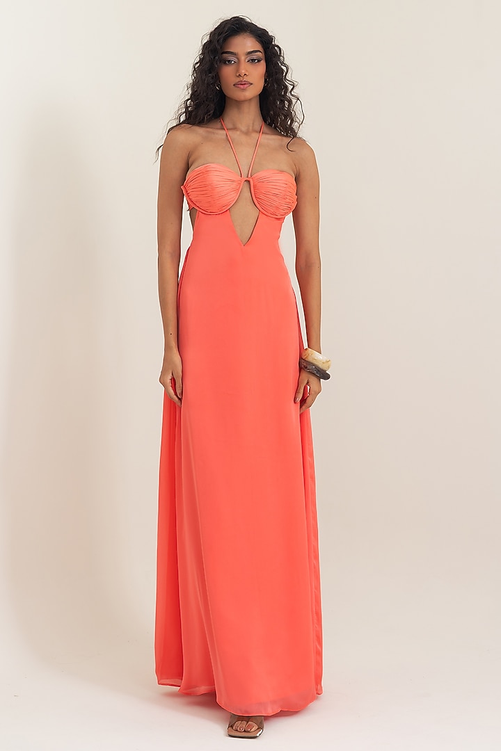 Sunset Coral Satin Georgette Hand-Draped Party Wear Gown by PINUP BY ASTHA at Pernia's Pop Up Shop