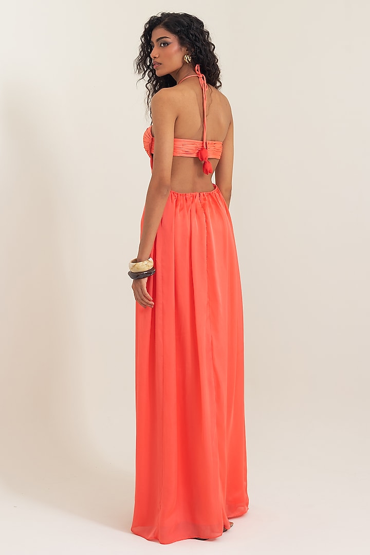 Sunset Coral Satin Georgette Hand-Draped Party Wear Gown by PINUP BY ASTHA at Pernia's Pop Up Shop