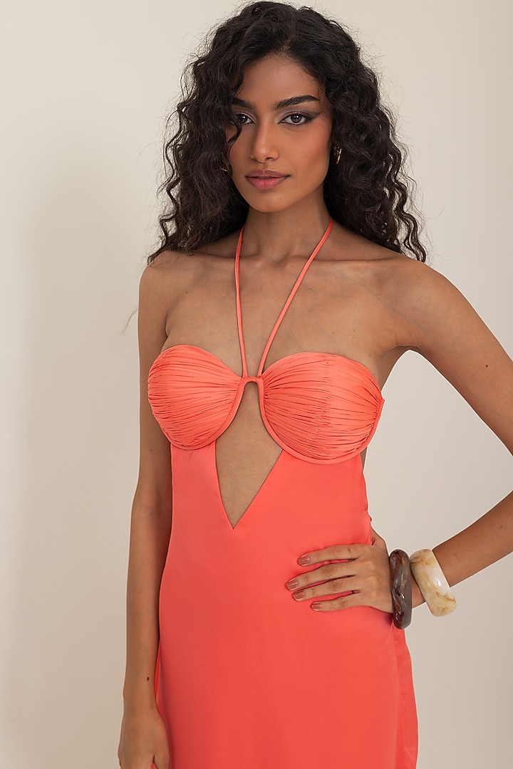 Sunset Coral Satin Georgette Hand-Draped Party Wear Gown by PINUP BY ASTHA at Pernia's Pop Up Shop