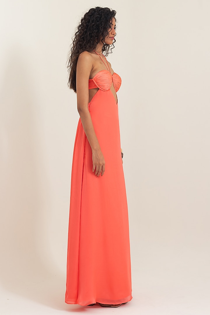 Sunset Coral Satin Georgette Hand-Draped Party Wear Gown by PINUP BY ASTHA at Pernia's Pop Up Shop