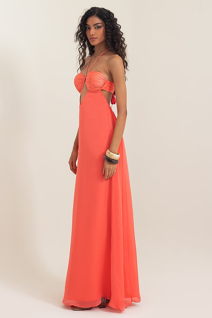 Sunset Coral Satin Georgette Hand-Draped Party Wear Gown by PINUP BY ASTHA at Pernia's Pop Up Shop