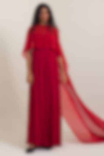 Red Satin Georgette Jumpsuit With Cape by PINUP BY ASTHA at Pernia's Pop Up Shop