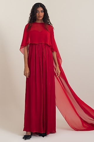 Red Satin Georgette Jumpsuit With Cape by PINUP BY ASTHA