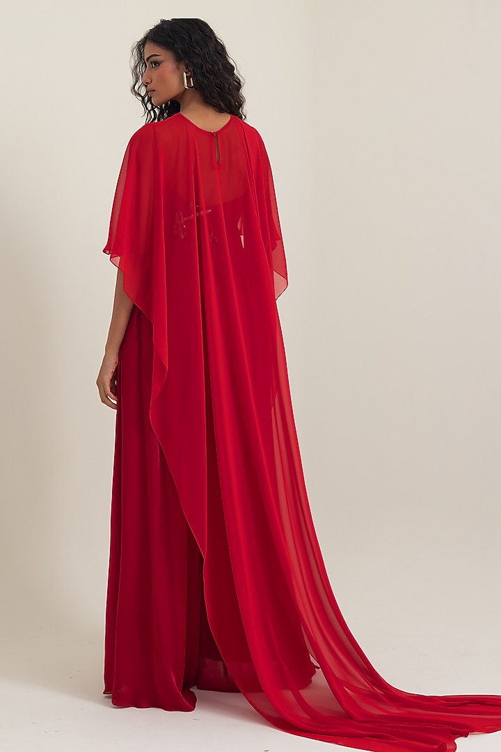 Red Satin Georgette Jumpsuit With Cape by PINUP BY ASTHA at Pernia's Pop Up Shop
