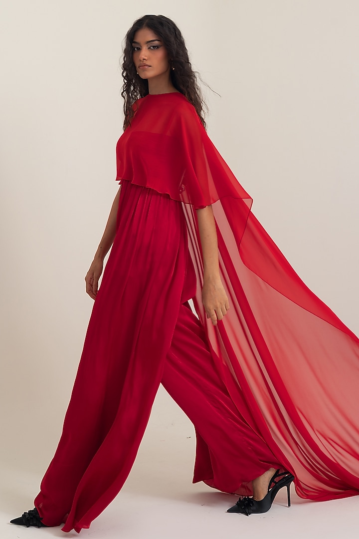 Red Satin Georgette Jumpsuit With Cape by PINUP BY ASTHA at Pernia's Pop Up Shop
